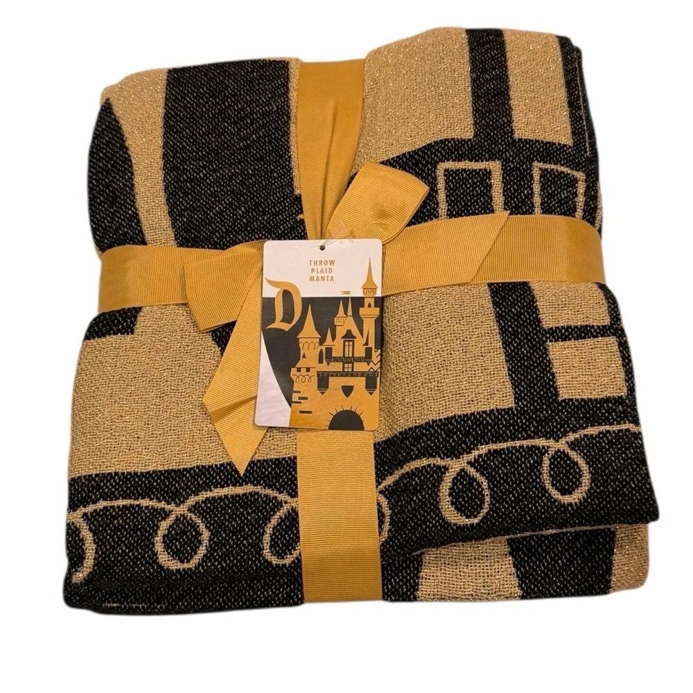 Disney Parks Disneyland Castle Plaid Throw Blanket Black Gold 50x60